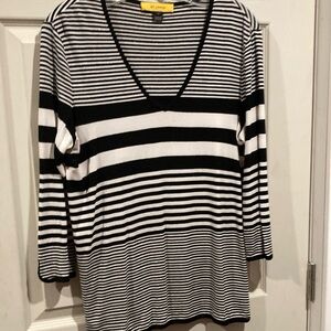 St John Black and White Striped V-Neck Top